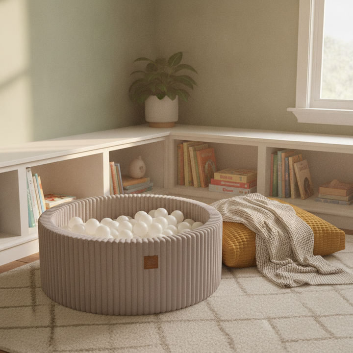 MeowBaby Pebble Beige Churros round ball pit in a cosy reading nook