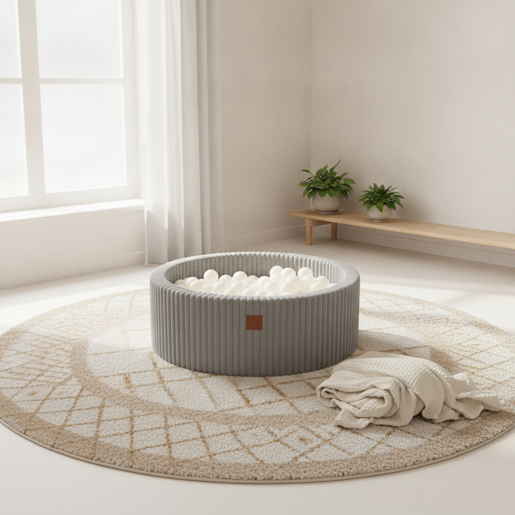 MeowBaby Moon Dust Grey Churros round ball pit styled in a real home setting