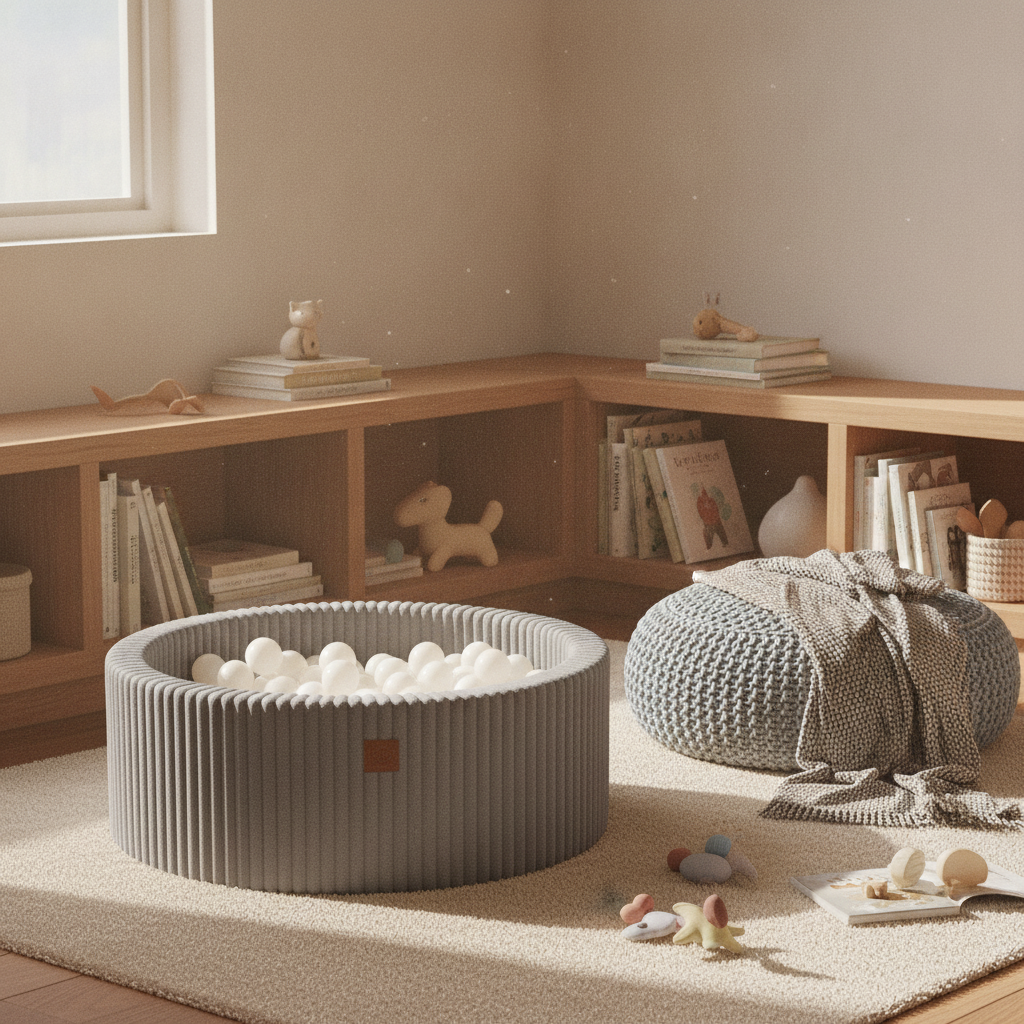 MeowBaby Moon Dust Grey Churros round ball pit in a cosy reading nook
