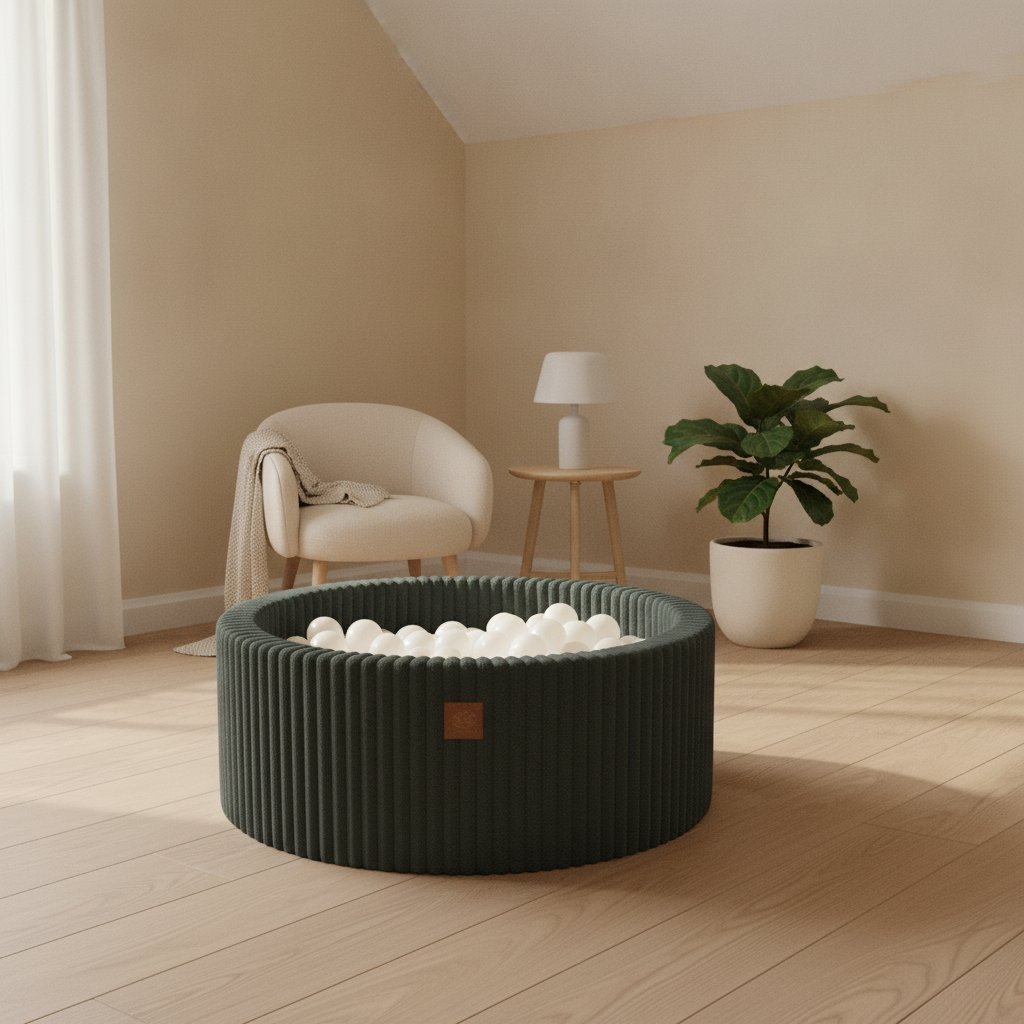 MeowBaby Pine Forest Green Churros round ball pit styled in a real home setting