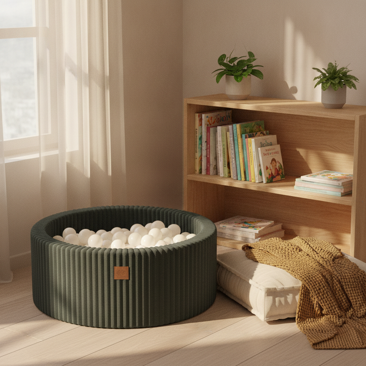 MeowBaby Pine Forest Green Churros round ball pit in a cosy reading nook