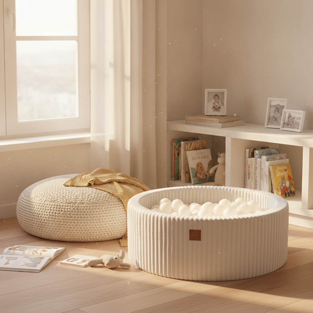MeowBaby Cotton Candy White Churros round ball pit styled in a real home setting