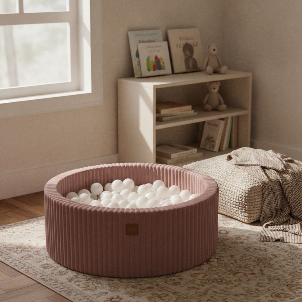 MeowBaby Ruby Chocolate Pink Churros round ball pit in a cosy reading nook