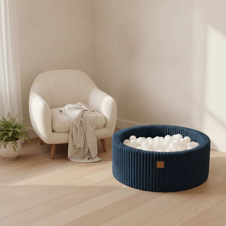 MeowBaby Midnight Blue Churros round ball pit in a Scandi nursery corner
