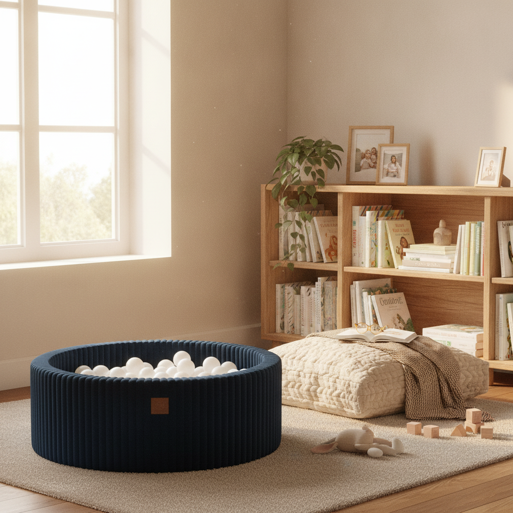 MeowBaby Midnight Blue Churros round ball pit styled in a real home setting