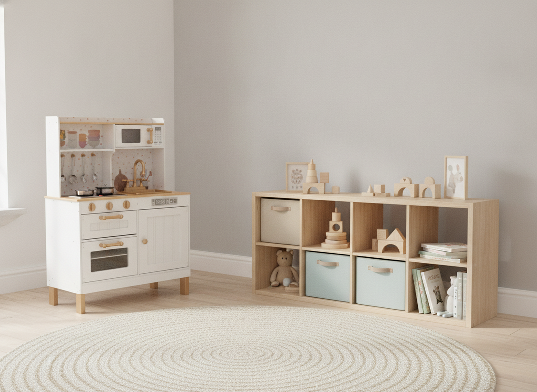 MeowBaby White & Rose Gold Wooden Play Kitchen in a wider tidy modern playroom setting