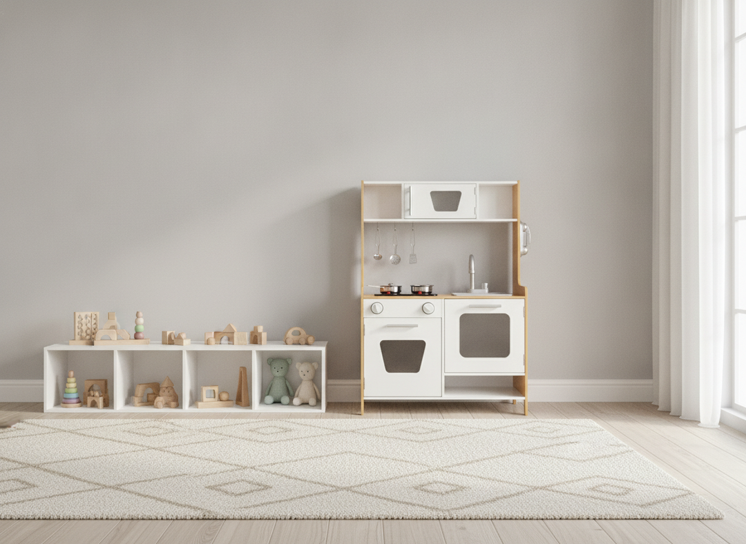 MeowBaby Natural & White Wooden Play Kitchen in a wider tidy modern playroom setting