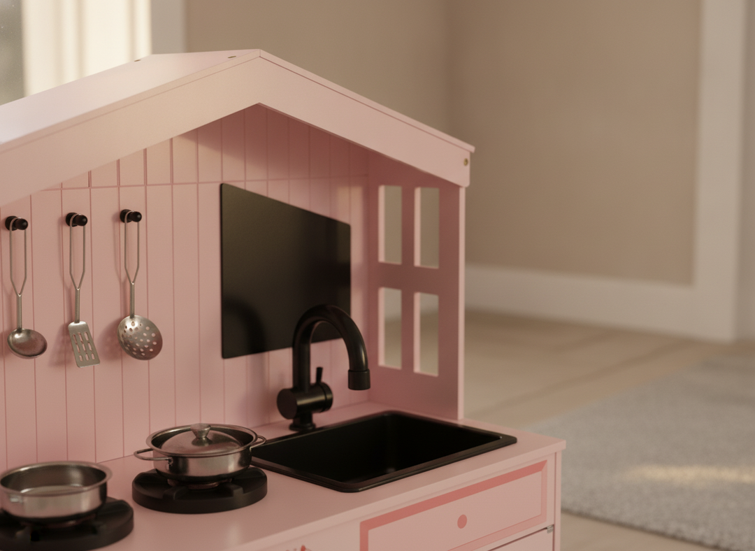 Close view of the MeowBaby Pink Cottage Wooden Play Kitchen canopy and hanging utensils