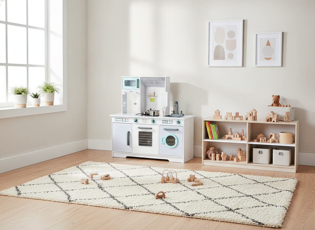 MeowBaby Grey & Teal Wooden Play Kitchen in a wider tidy modern playroom setting