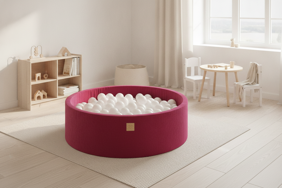 MeowBaby Magenta Round Velvet Ball Pit in a neutral Scandi playroom corner