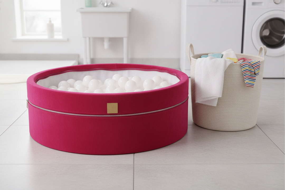MeowBaby Magenta Round Velvet Ball Pit with cover partially unzipped, showing washable design