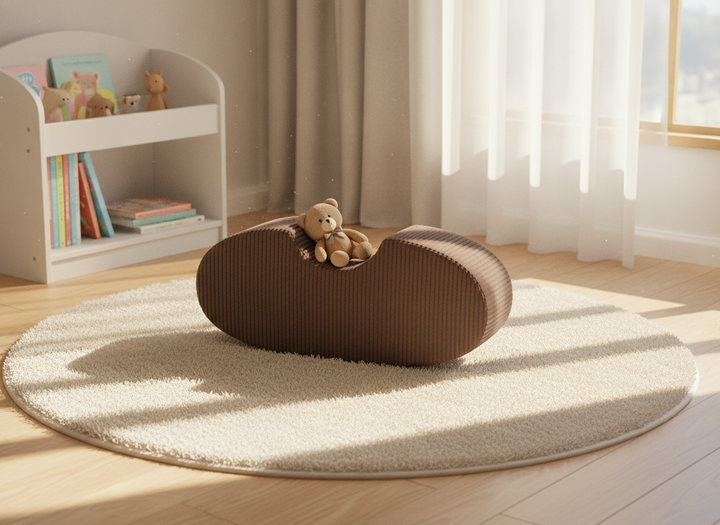 MeowBaby Bean Shape brown kidney-shaped foam module styled in a bedroom corner