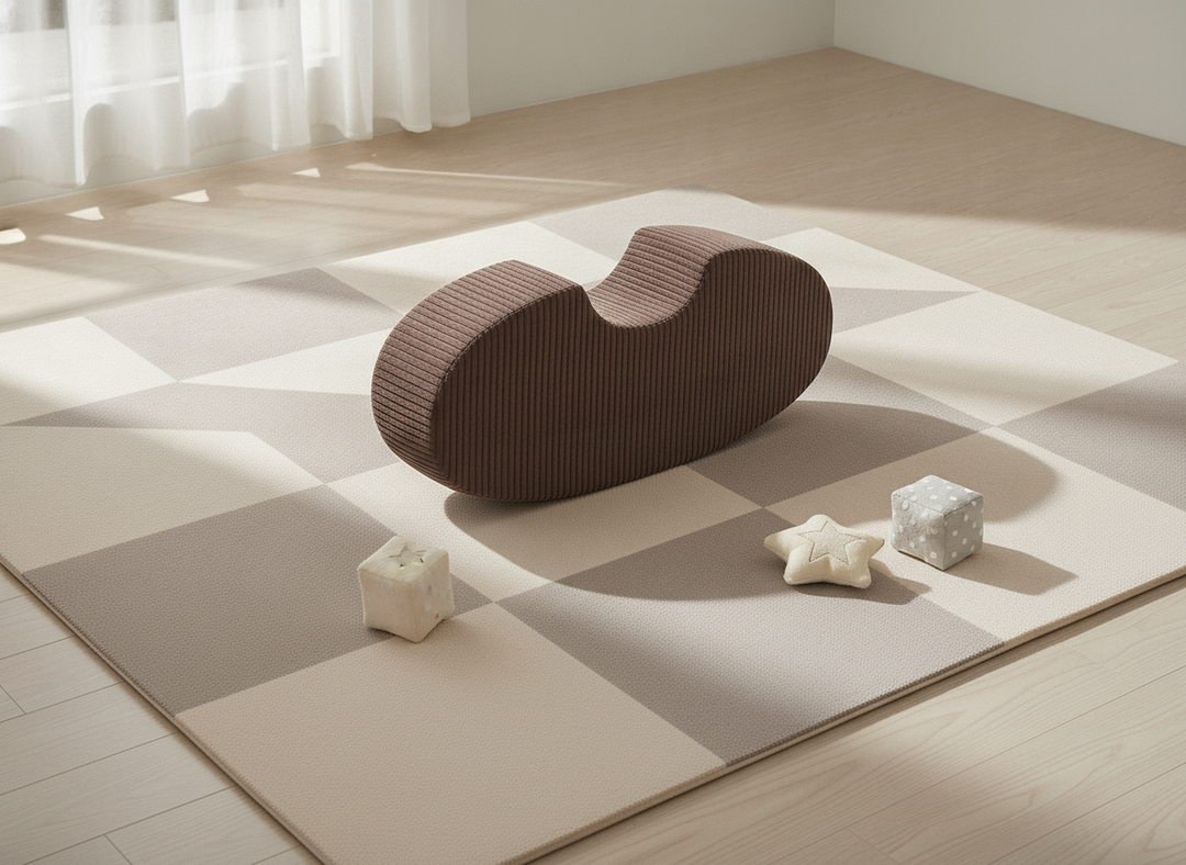 MeowBaby Bean Shape brown kidney-shaped foam module styled on a nursery play mat