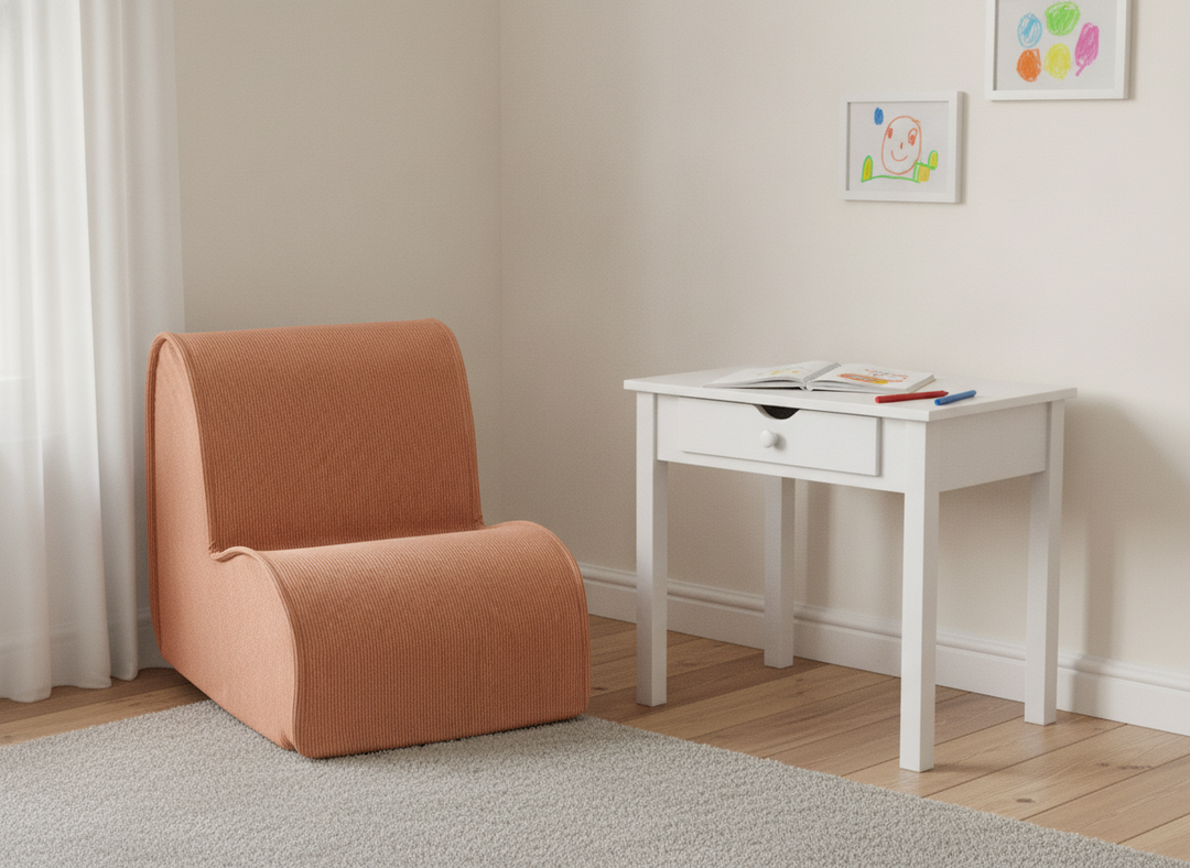 MeowBaby Chair for Children terracotta corduroy chair styled beside a child&