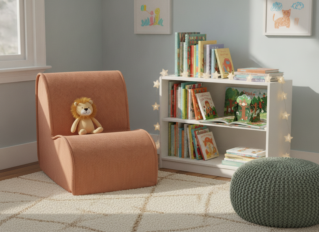 MeowBaby Chair for Children terracotta corduroy chair styled in a reading corner