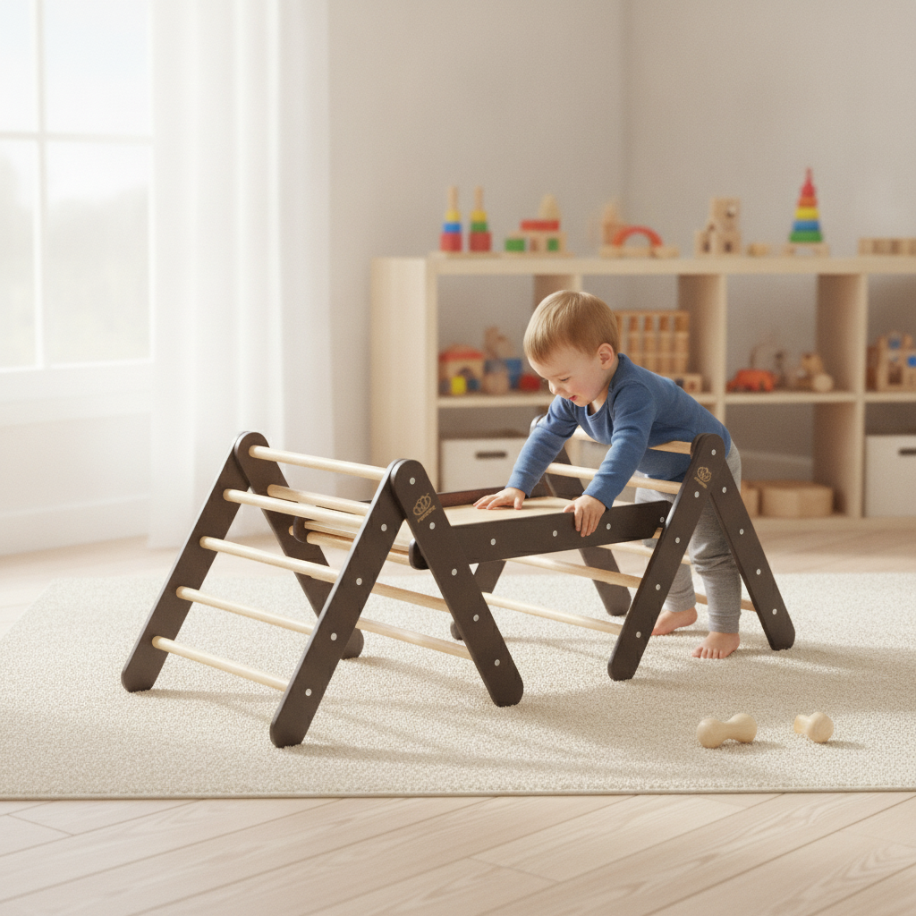 Child climbing the MeowBaby Climbing Triangle with Slide and Climbing Frame Set