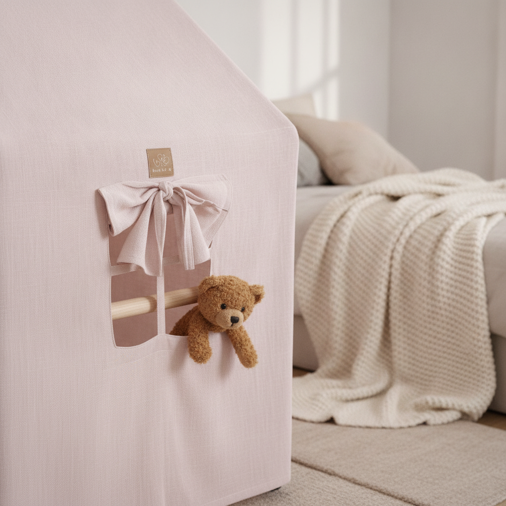 Close-up of the MeowBaby House and Ladder Climbing Set tent window and drawstring detail