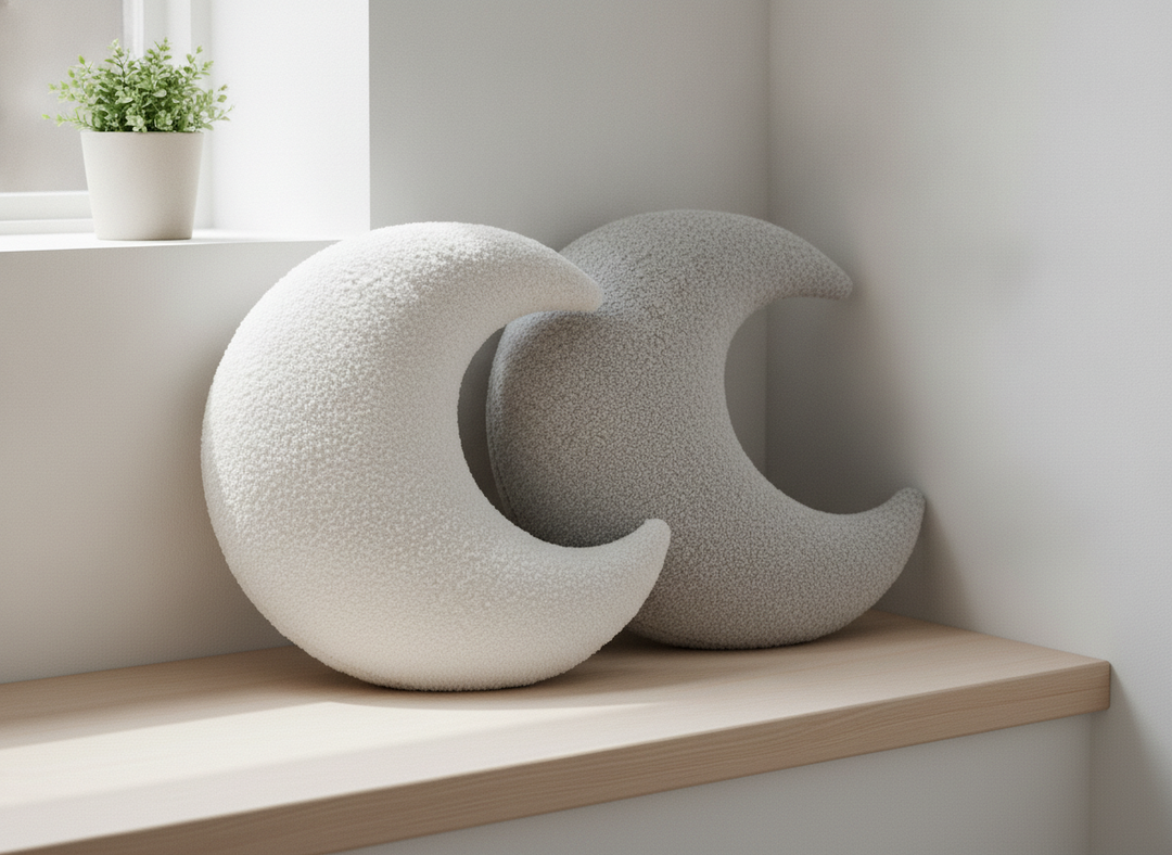MeowBaby Moon Decorative Pillows in White and Dove Grey together on a window seat