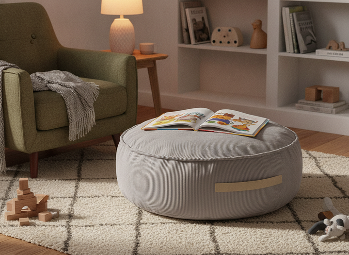 MeowBaby Round Pouf grey corduroy floor pouf styled in a family living room corner