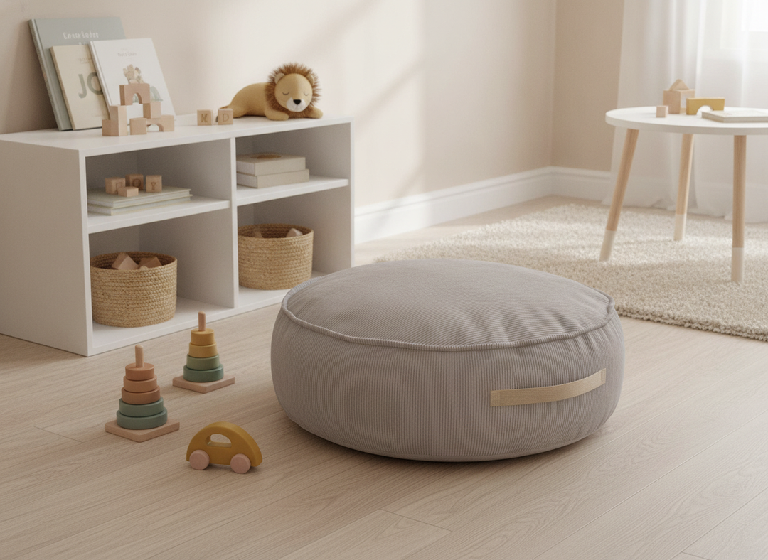 MeowBaby Round Pouf grey corduroy floor pouf styled in a playroom beside a toy shelf