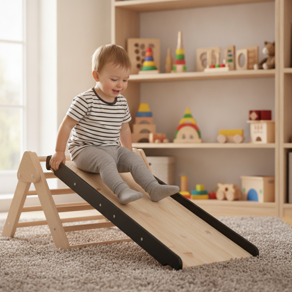 Child using the MeowBaby Slide and Climbing Wall Add-On slide