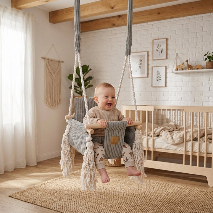 Baby sitting in the MeowBaby Square Swing in a cozy nursery