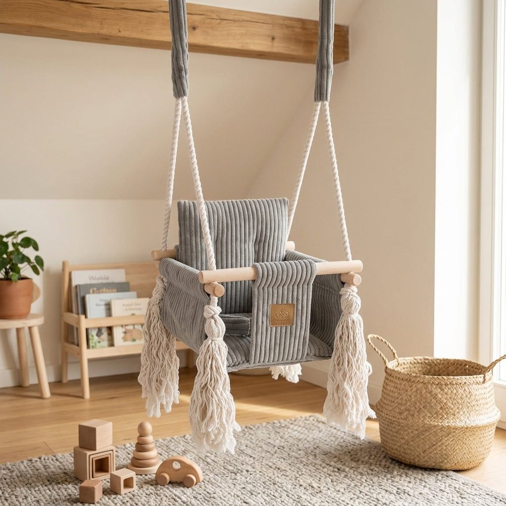 MeowBaby Square Swing hanging empty in a bright playroom