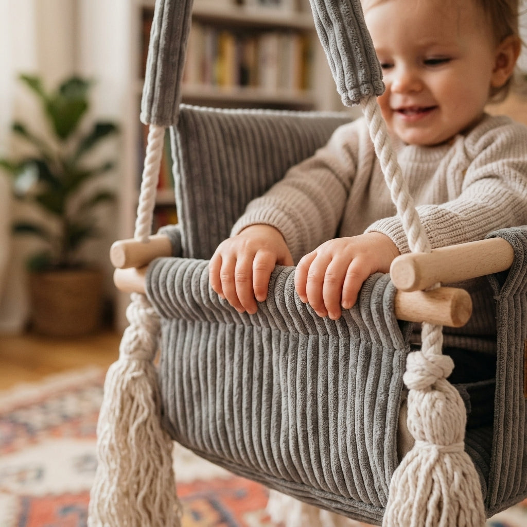 Close-up of a toddler swinging in the MeowBaby Square Swing