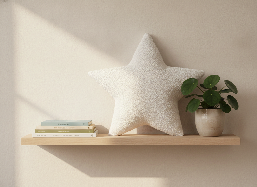MeowBaby Star Decorative Pillow in White propped on a nursery shelf beside picture books
