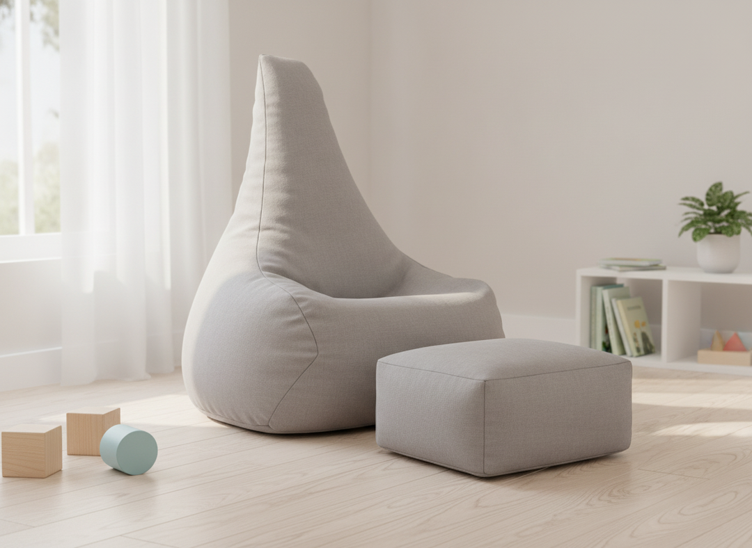 MeowBaby Outzy Tearo grey bean bag chair and matching footstool styled in a playroom