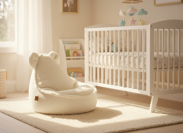 MeowBaby Teddy Sako Bag cream teddy bear chair styled in a nursery beside a crib