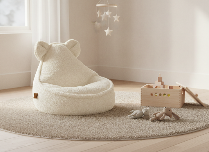 MeowBaby Teddy Sako Bag cream teddy bear chair styled in a playroom beside a toy box