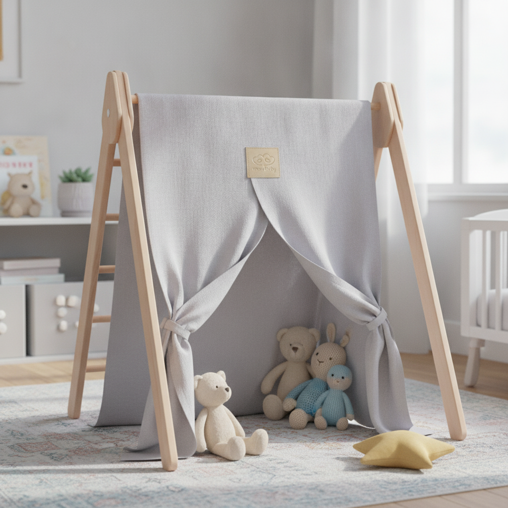 MeowBaby Tent for Ladder fitted onto a wooden ladder to form a den