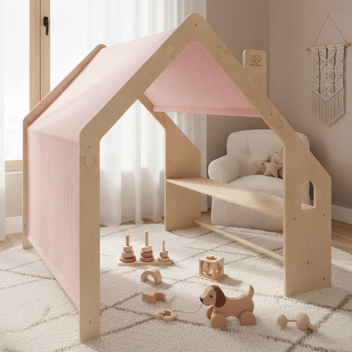 MeowBaby Natural Wooden Playhouse with Pink Roof styled in a nursery corner