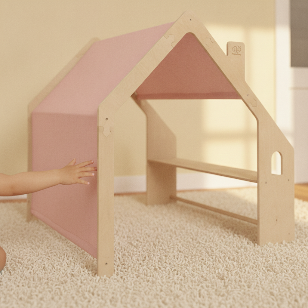 Close view of the MeowBaby Natural Wooden Playhouse with Pink Roof in a bright playroom
