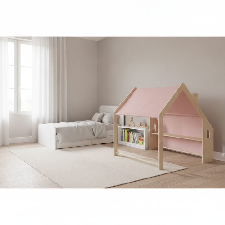 MeowBaby Natural Wooden Playhouse with Pink Roof set up in a modern children&