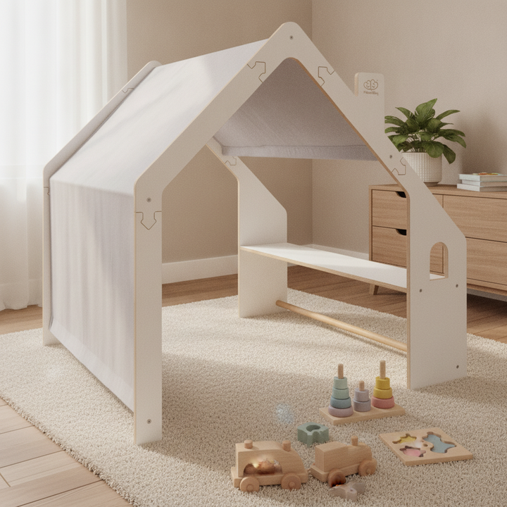 MeowBaby White Wooden Playhouse with Blue Roof styled in a nursery corner