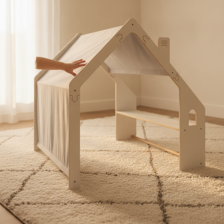 Close view of the MeowBaby White Wooden Playhouse with Blue Roof in a bright playroom