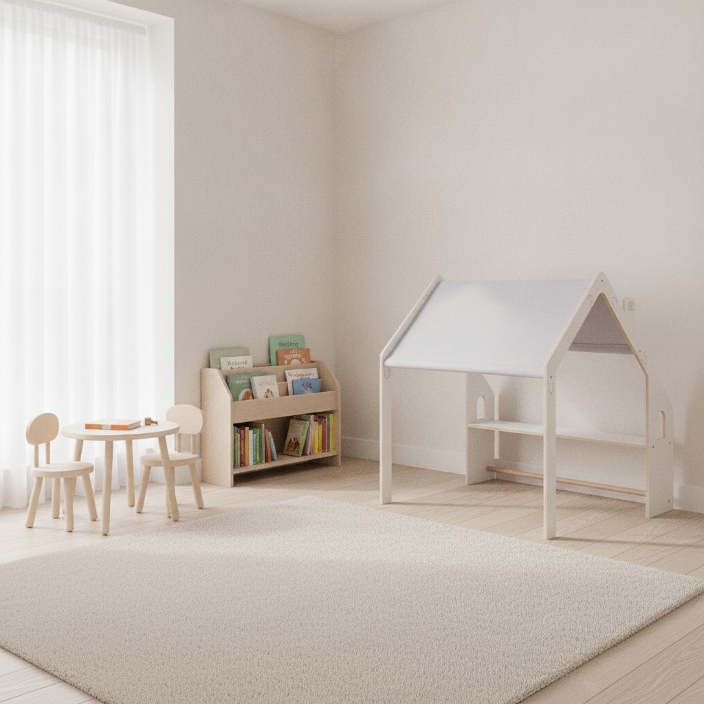 MeowBaby White Wooden Playhouse with Blue Roof set up in a modern children&