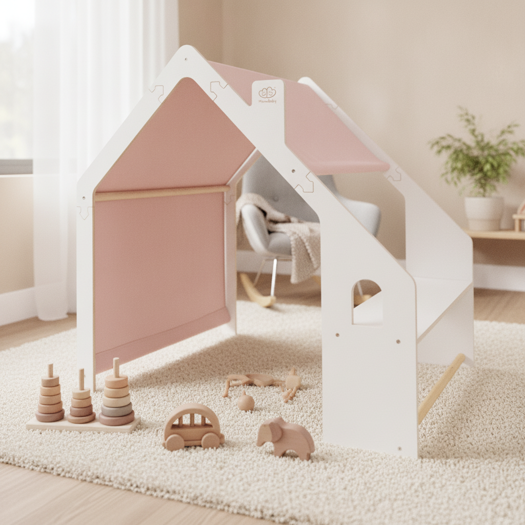 MeowBaby White Wooden Playhouse with Pink Roof styled in a nursery corner