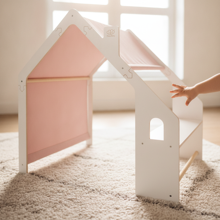 Close view of the MeowBaby White Wooden Playhouse with Pink Roof in a bright playroom