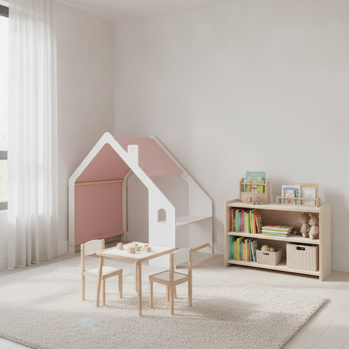 MeowBaby White Wooden Playhouse with Pink Roof set up in a modern children&