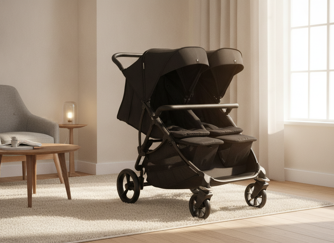 Roma Gemini 2 double pushchair in Jet Black with both seats reclined flat in a modern living room