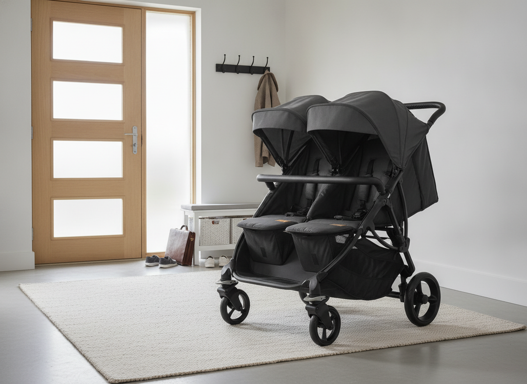 Roma Gemini 2 pushchair chassis base unit in a modern hallway near a front door
