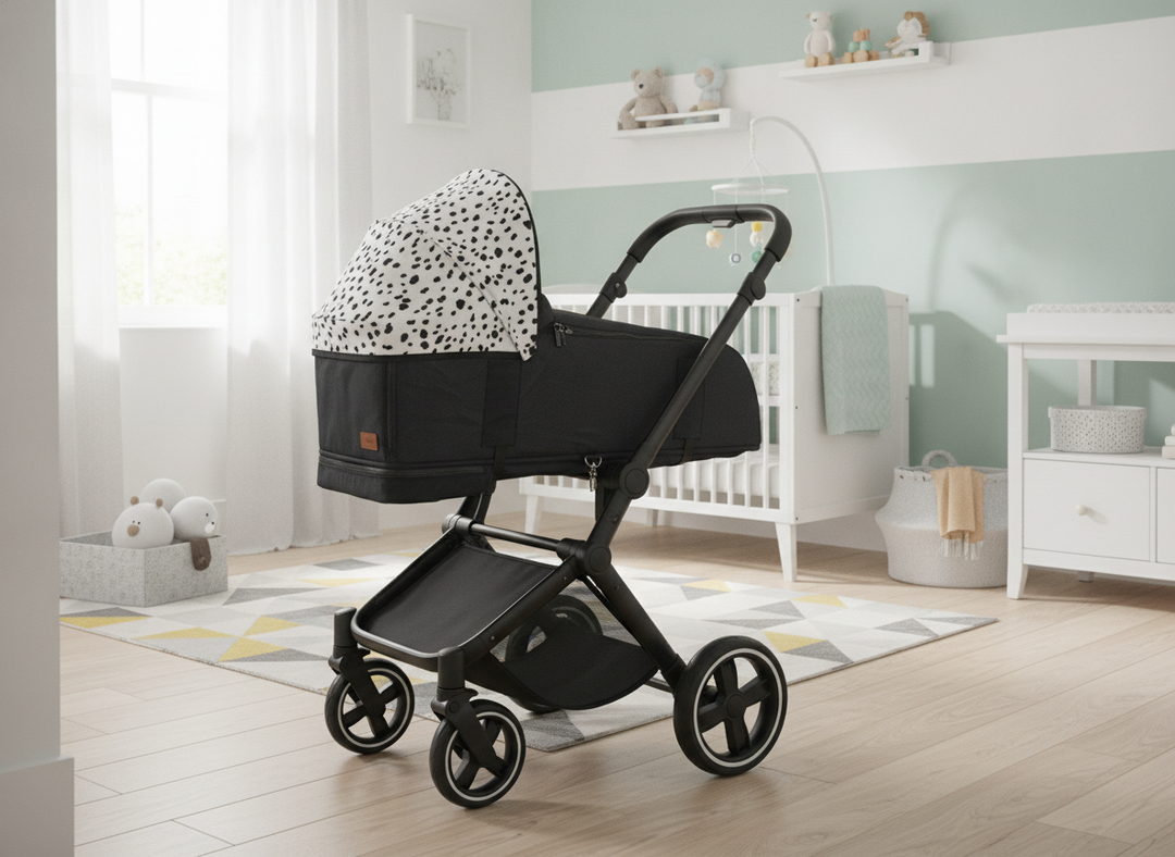 Roma Gemini 2 Carry Cot in Dalmatian print fitted onto a pushchair chassis in a modern nursery