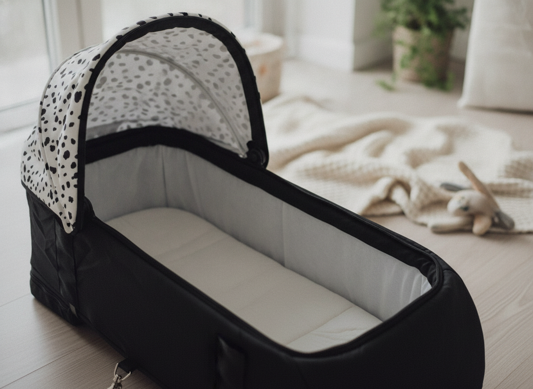 Roma Gemini 2 Carry Cot in Dalmatian print showing the extendable hood and cushioned interior
