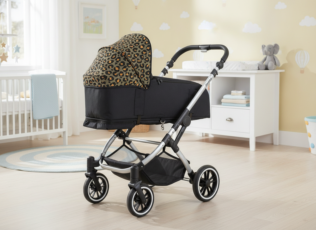 Roma Gemini 2 Carry Cot in Khaki Leopard fitted onto a pushchair chassis in a modern nursery