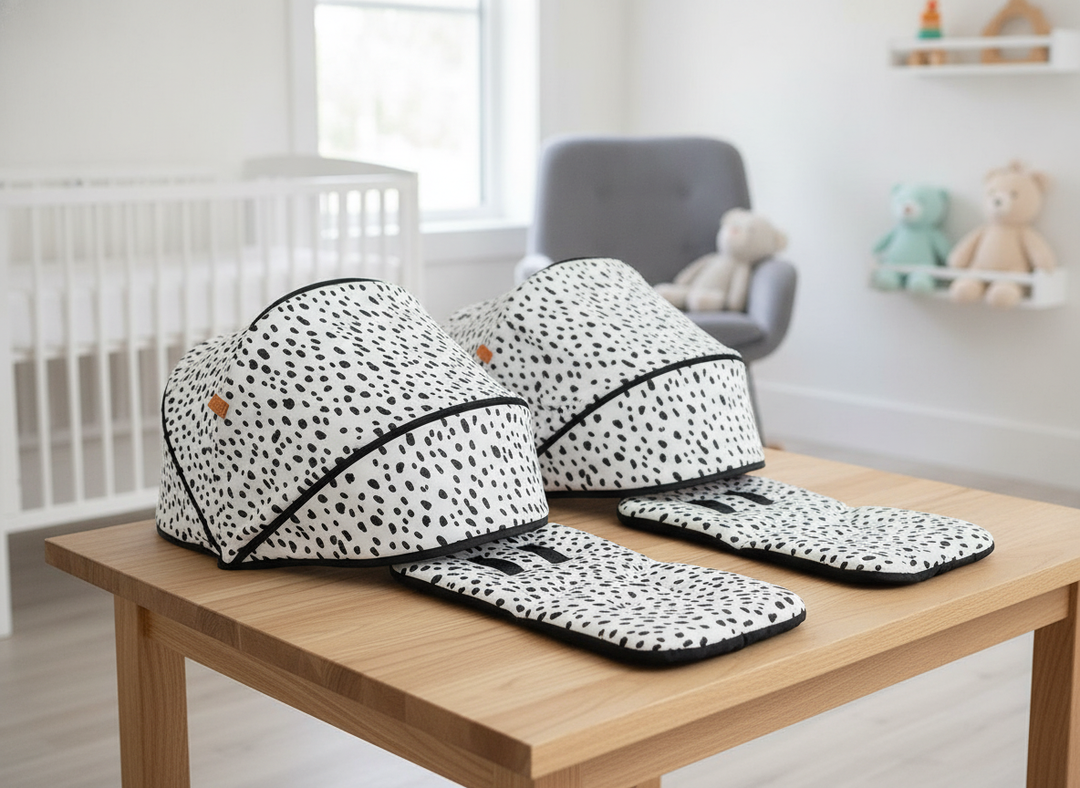 Roma Gemini 2 Colour Pack in Dalmatian print laid out with hoods and padded liners