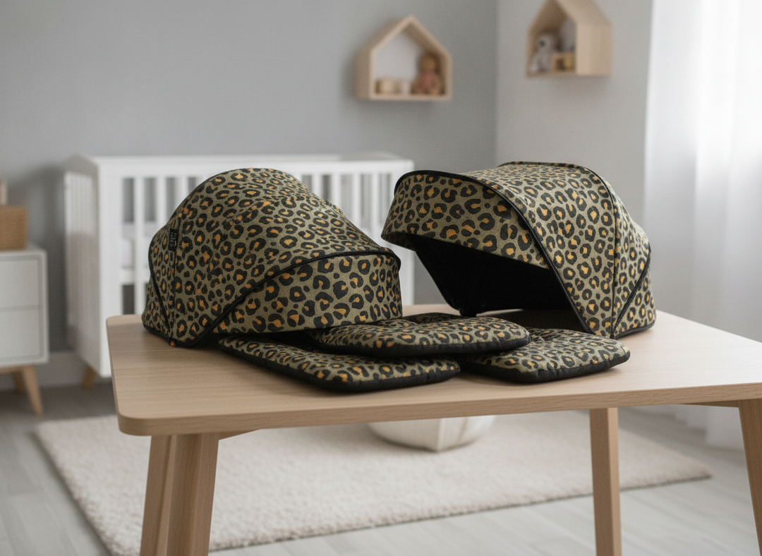 Roma Gemini 2 Colour Pack in Khaki Leopard print laid out with hoods and padded liners