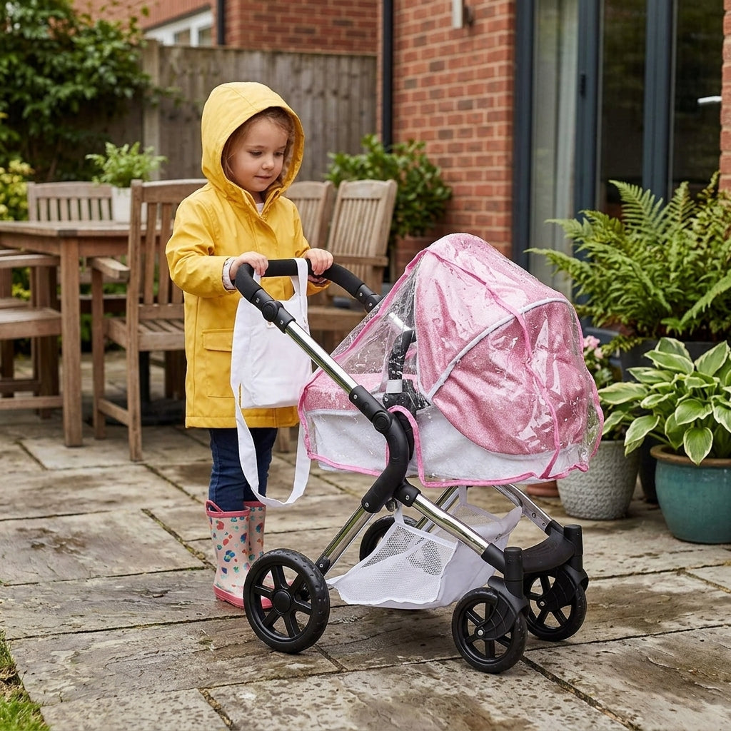 Roma Darcie Stephanie Polly dolls pram fitted with the clear PVC rain cover, pushed outdoors on a light rainy day